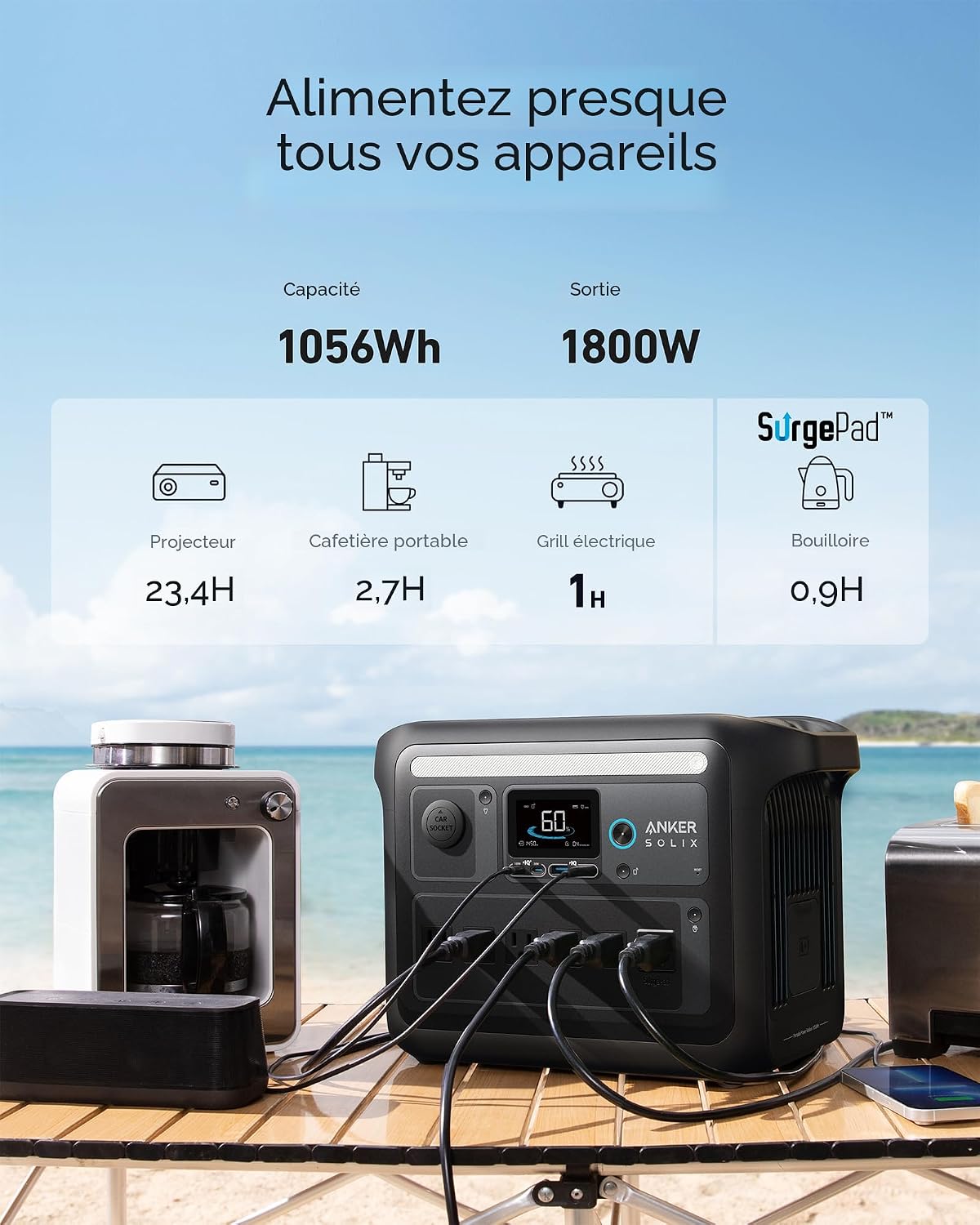 Anker SOLIX C1000 con 6 tomas AC alimentando varios aparatos a la vez